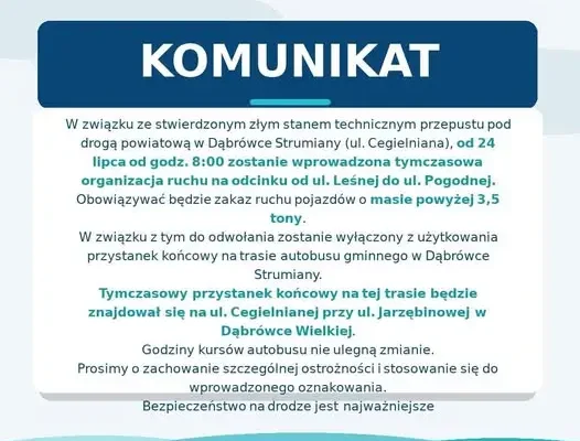 Zły stan przepustu w Dąbrówce Strumiany – zmiany w ruchu i komunikacji