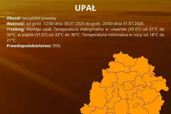 Ostrzeżenie przed upałem drugiego stopnia dla gminy Zgierz