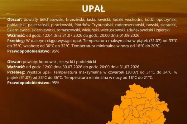 Ostrzeżenie 2. stopnia: burze i upał w gminie Zgierz – 31.07.2026