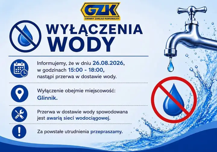 Planowane wyłączenie wody w Glinniku – komunikat Gminnego Zakładu Komunalnego