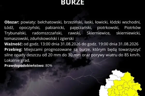 Ostrzeżenie przed burzami w Łódzkiem – alert I stopnia na 31 sierpnia