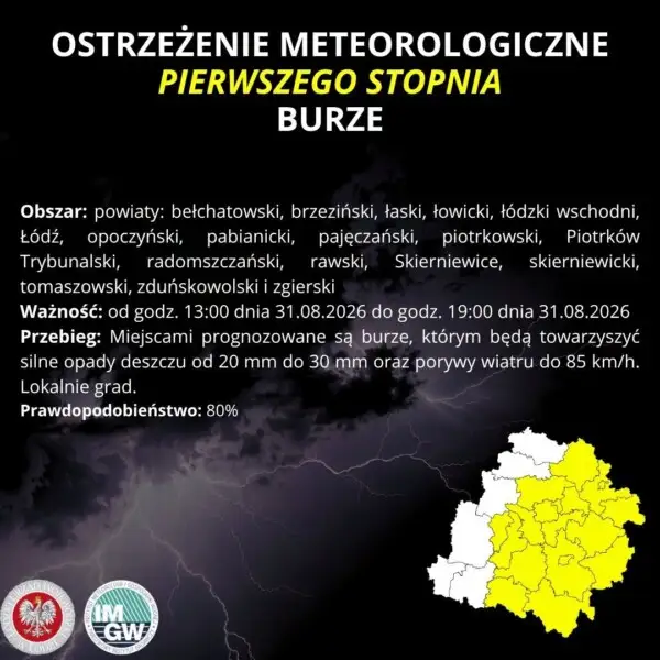 Ostrzeżenie przed burzami w Łódzkiem – alert I stopnia na 31 sierpnia