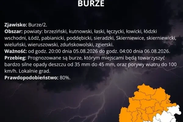 Ostrzeżenie meteorologiczne drugiego stopnia przed burzami w gminie Zgierz