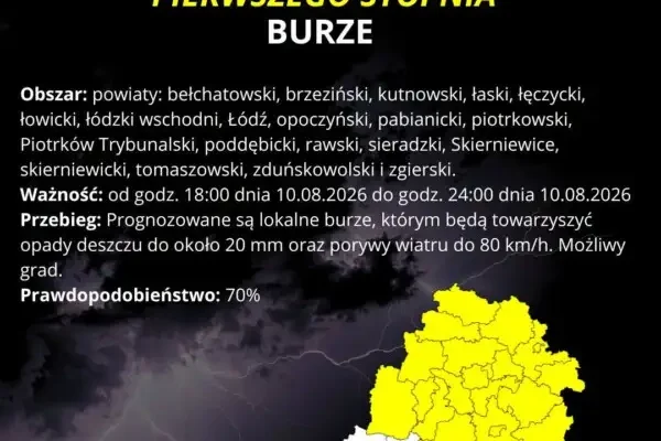 Ostrzeżenie meteorologiczne pierwszego stopnia przed burzami w gminie Zgierz
