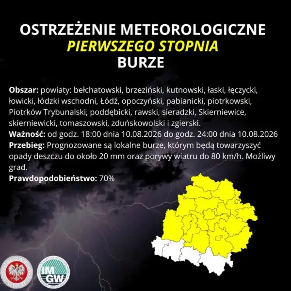Ostrzeżenie meteorologiczne pierwszego stopnia przed burzami w gminie Zgierz