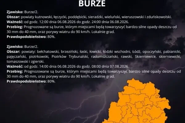 Ostrzeżenie meteorologiczne drugiego stopnia przed burzami w gminie Zgierz