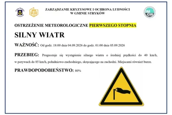 Ostrzeżenie meteorologiczne I stopnia: silny wiatr w gminie Stryków