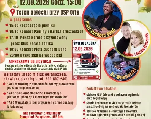 Piknik rodzinny w Orłej: Dzień Jabłka, koncerty i licytacja na wóz strażacki