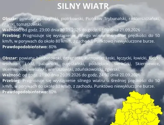 IMGW ostrzega: silny wiatr w regionie łódzkim. Porywy do 80 km/h