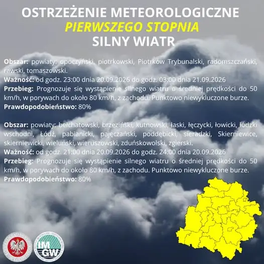 IMGW ostrzega: silny wiatr w regionie łódzkim. Porywy do 80 km/h