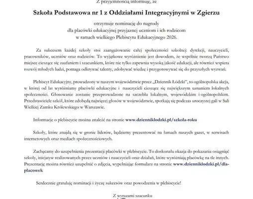 Zgierska „Jedynka” nominowana w Plebiscycie Edukacyjnym 2026. Szkoła prosi: nie kupujcie płatnych głosów