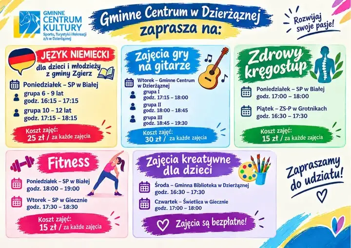 Gminne Centrum w Dzierżąznej zaprasza na nowe zajęcia – sprawdź harmonogram!